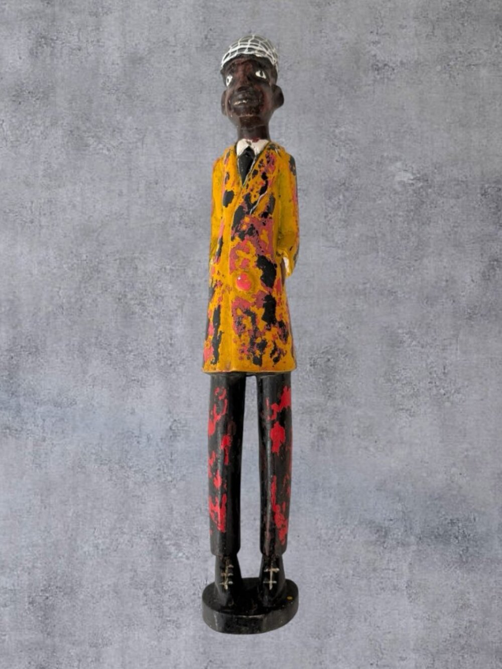 Vintage African Carved Wood Colon Statue Figure Gentleman Suit Painted 17 In